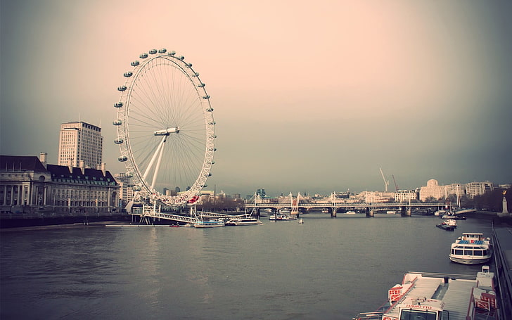 London Eye, cityscape, ferris wheel, river, boat, bridge, River Thames
