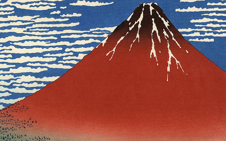 red, fuji, mountain, hokusai, illust, art, no people, pattern
