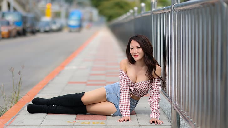 Asian, women, model, urban, thighs, boots, cleavage, brunette