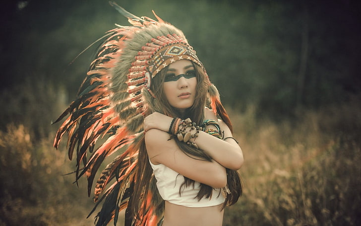 red and gray native American hat costume, Russian women, brunette