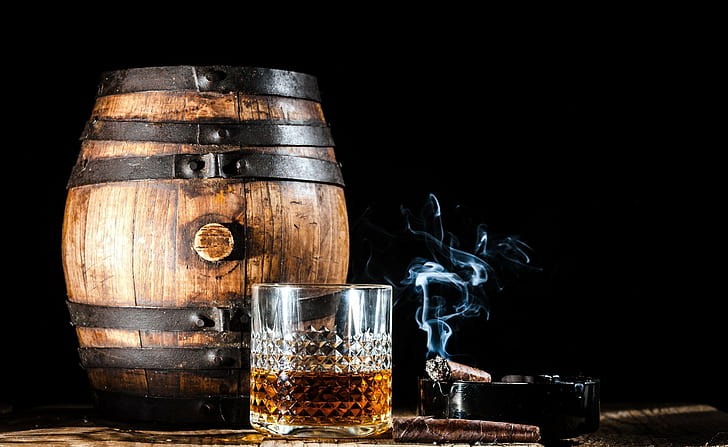 alcohol, cigars, smoke, drinking glass, barrels
