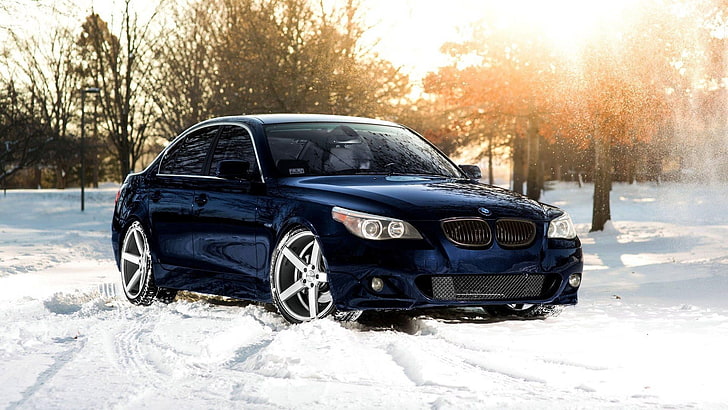 black BMW sedan, car, snow, winter, trees, sunset, BMW E60, BMW 5 Series