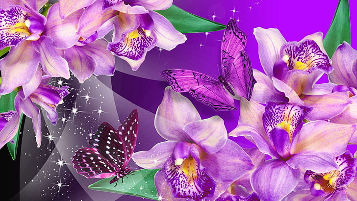 Orchid Butterfly Dance, delicate, glitter, papillon, extotic, HD wallpaper