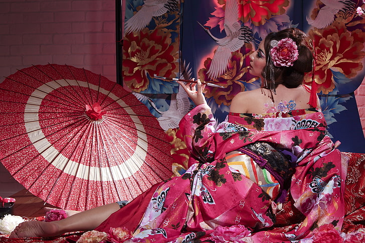 pose, style, umbrella, Japanese, tube, geisha, kimono, Asian