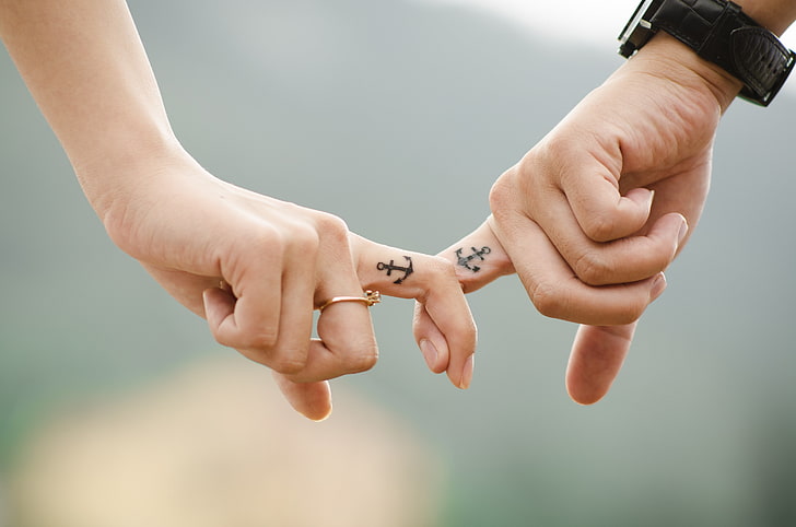 two anchor finger tattoos, love, hands, romance, couple, human Hand