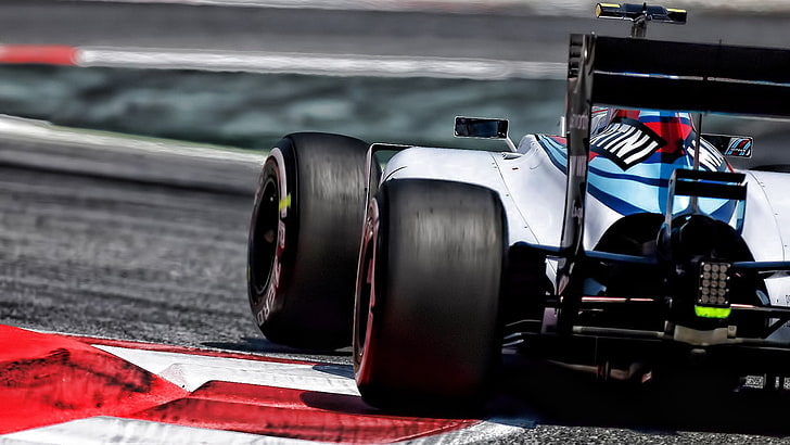 white and blue formula 1 on grey path, racing, Williams F1, sport