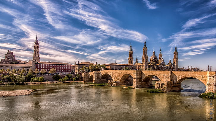bridge, the city, tower, Spain, Zaragoza