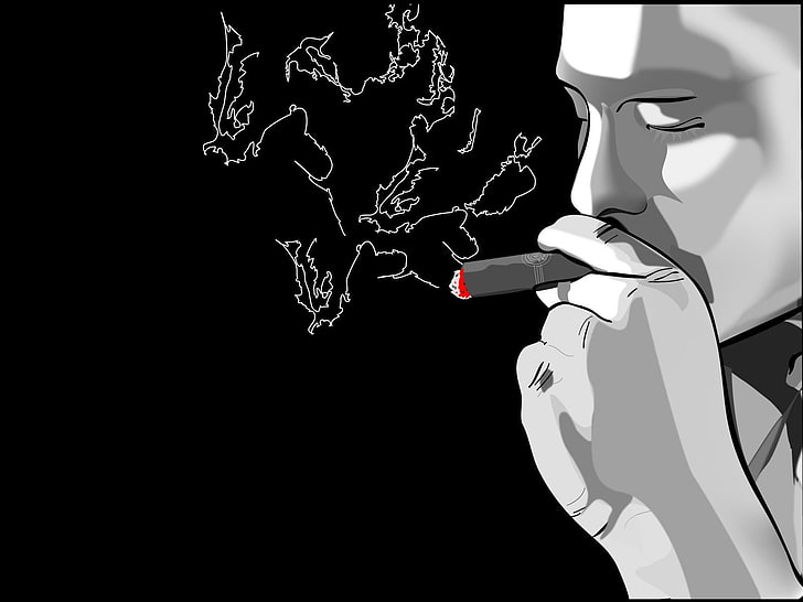 man smoking illustration, smoke, black and white, Vector, cigar, HD wallpaper