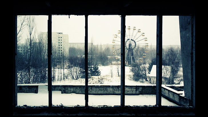 black and gray ferris wheel, old, Pripyat, abandoned, ruin, Chernobyl, HD wallpaper