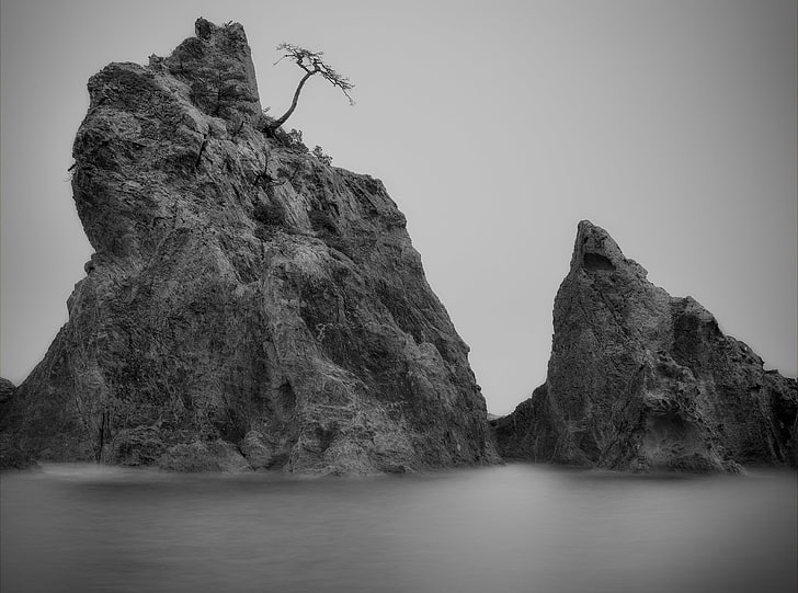 Shark Rocks, grayscale photo of rock formation, Black and White