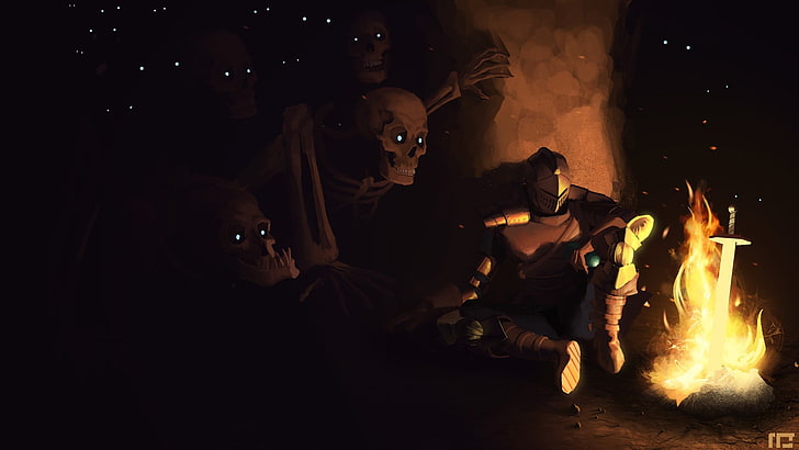 skeletons next to knight and bonfire digital wallpaper, Dark Souls