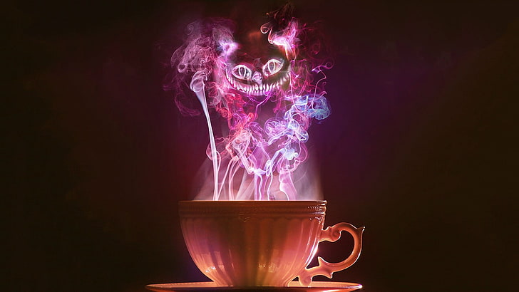 tea, cup, smoke, Alice in Wonderland, Cheshire Cat
