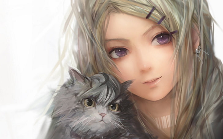 anime girls, white background, cat, animals, kittens, portrait