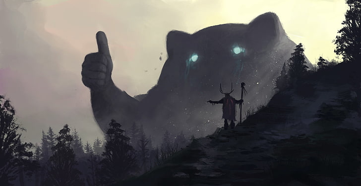 fantasy art, druids, spirits, forest, mountains, thumbs up