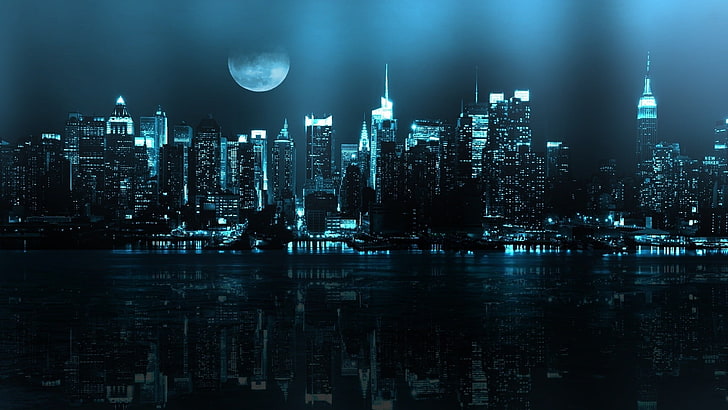 high-rise building illustration, buildings near body of water during night time