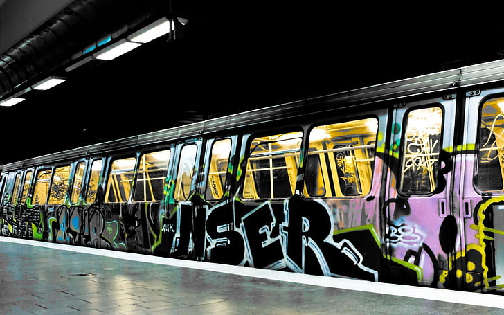 assorted graffiti, subway, public transportation, train, rail transportation