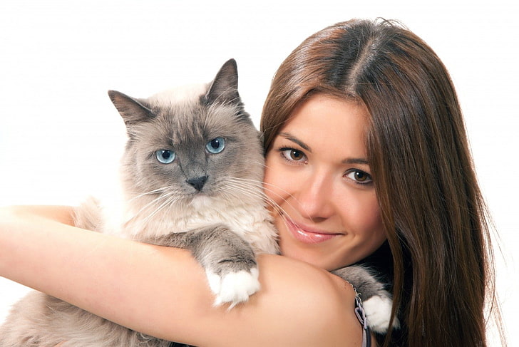 women, women with cat, brunette, smiling, brown eyes, happiness