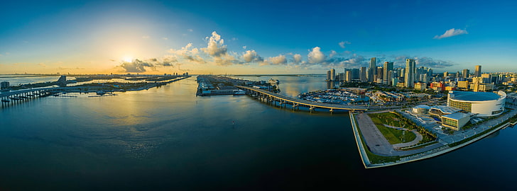 panorama, florida, water, skyscraper, miami, city, usa, HD wallpaper