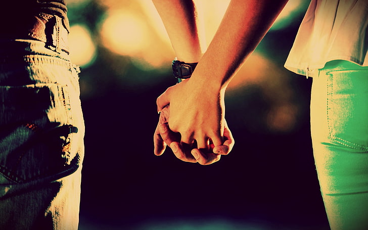 couple holding hands digital wallpaper, lovers, focus on foreground