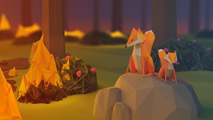 two orange fox cartoon characters, anime, paper, poly, fire, nature, HD wallpaper
