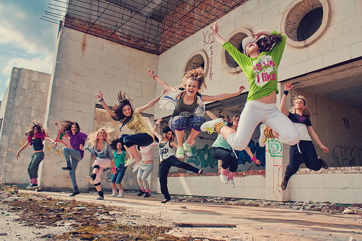 women's assorted-color clothes, girl, dance, emotion, mood, jump