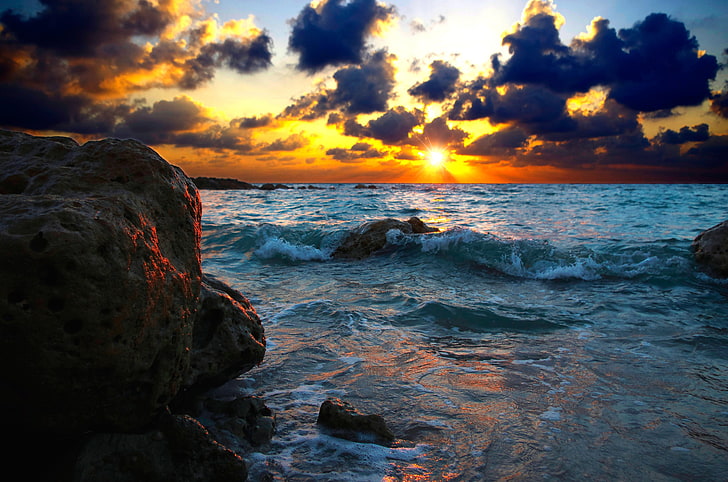 blue beach, sea, surf, sunset, stones, nature, wave, coastline, HD wallpaper