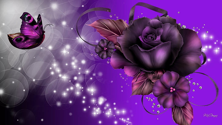 HD wallpaper: Fantasy, Artistic, Butterfly, Purple, Rose, Sparkles, flower  | Wallpaper Flare