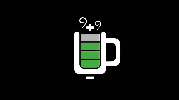 battery mug illustration on black background, minimalism, indoors, HD wallpaper