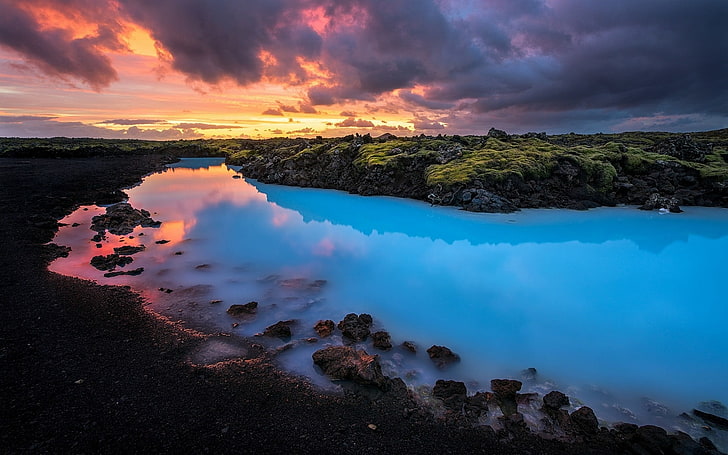 blue-colored water taken at golden hour, nature, landscape, Iceland