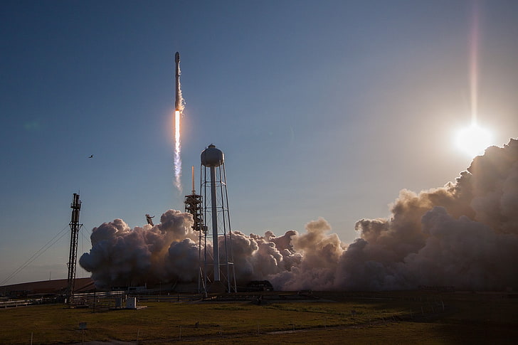 SpaceX, rocket, smoke, sun rays, fire, smoke - physical structure