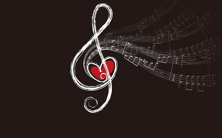 treble clef, simple background, heart, music, musical notes, HD wallpaper