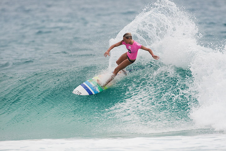 women's pink cap-sleeved top, sports, surfing, water, sea, motion, HD wallpaper