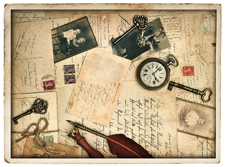 pocket watch, retro, pen, photos, line, keys, vintage, cards
