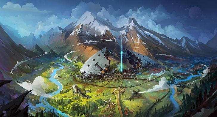 brown and white mountain digital wallpaper, illustration, fantasy art