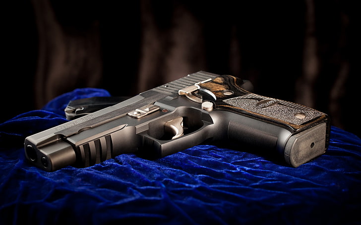 black semi-automatic pistol, gun, weapons, sig sauer, handgun, HD wallpaper
