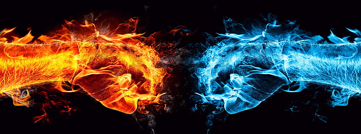 Fire Fist vs Water Fist HD Wallpaper, red and blue fists with flames illustration, HD wallpaper