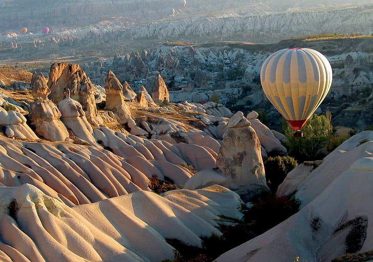 white and blue hot air balloon, Turkey, Göreme, hot air balloons