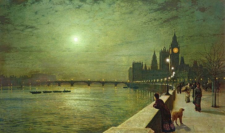 city painting, night, bridge, river, people, the moon, London