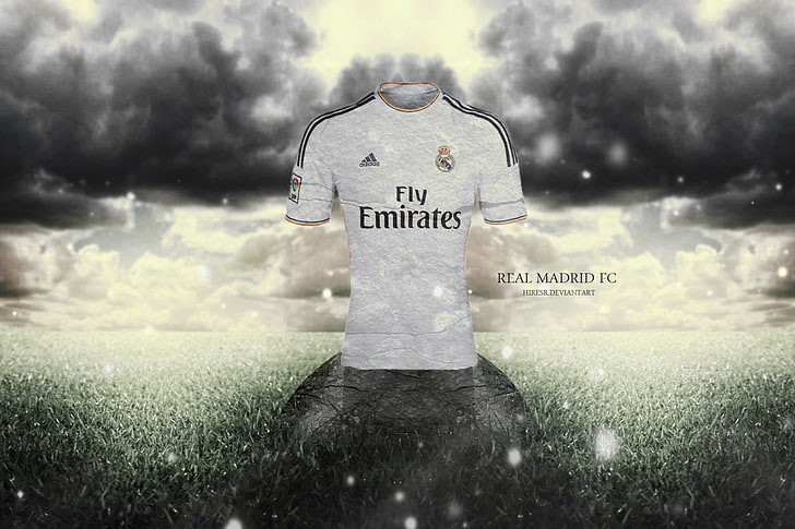 white adidas Fly Emirates soccer jersey, FIFA, Real Madrid, text