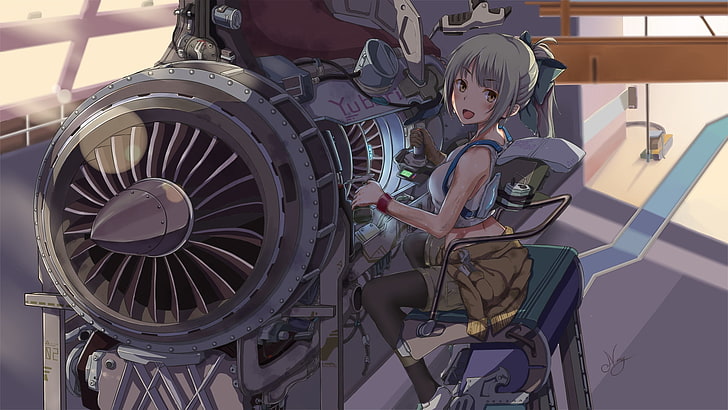 anime girl, mechanic, engine, repair, smiling, real people