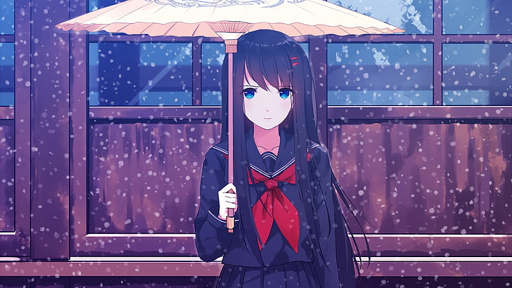 anime, anime girls, snow, school uniform, one person, front view