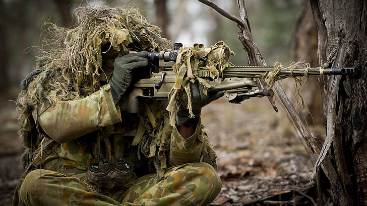 green camouflage suit, men, soldier, sniper rifle, uniform, hiding, HD wallpaper