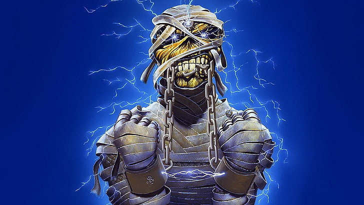 The Mummy illustration, Iron Maiden, Eddie, band mascot, blue, HD wallpaper