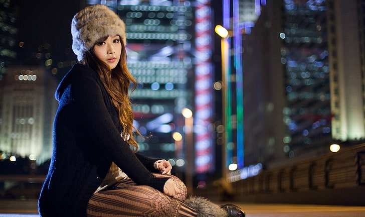 woman wearing blue hoodie in city, Asian, women, hat, fur, model