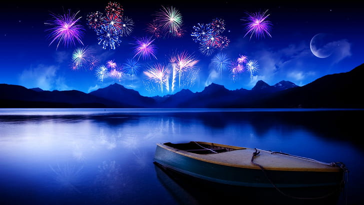 HD wallpaper: Fireworks Blue Lake HD, 4th of july, boat | Wallpaper Flare