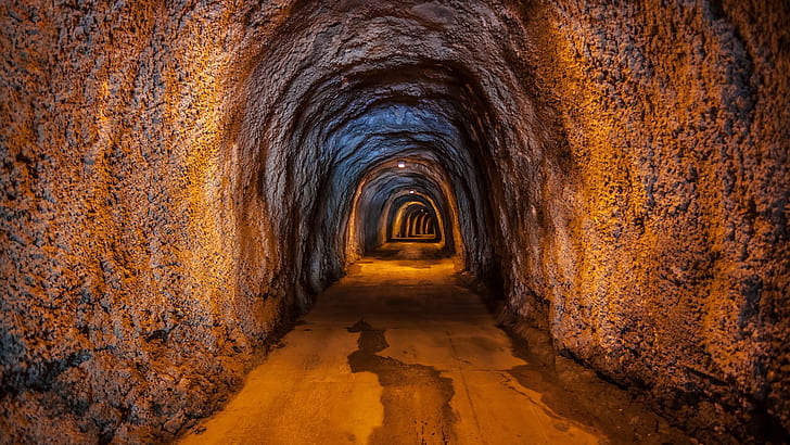 tunnel, rock, lights, mine shaft, wet, orange, arch, HD wallpaper