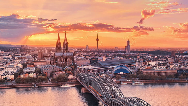 gray steel bridge, Germany, cityscape, sunset, Cologne, Cologne Cathedral
