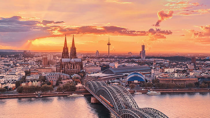 sunset, Germany, city, Cologne Cathedral, bridge, cityscape, HD wallpaper