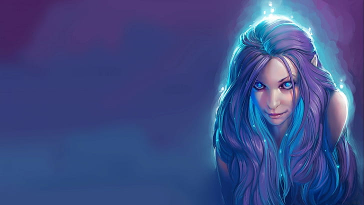 women, blue hair, elves, fantasy art, artwork