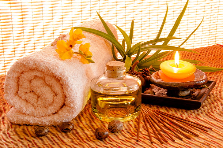 pink towel, glass bottle, and tealight candle, oil, Spa, spa Treatment